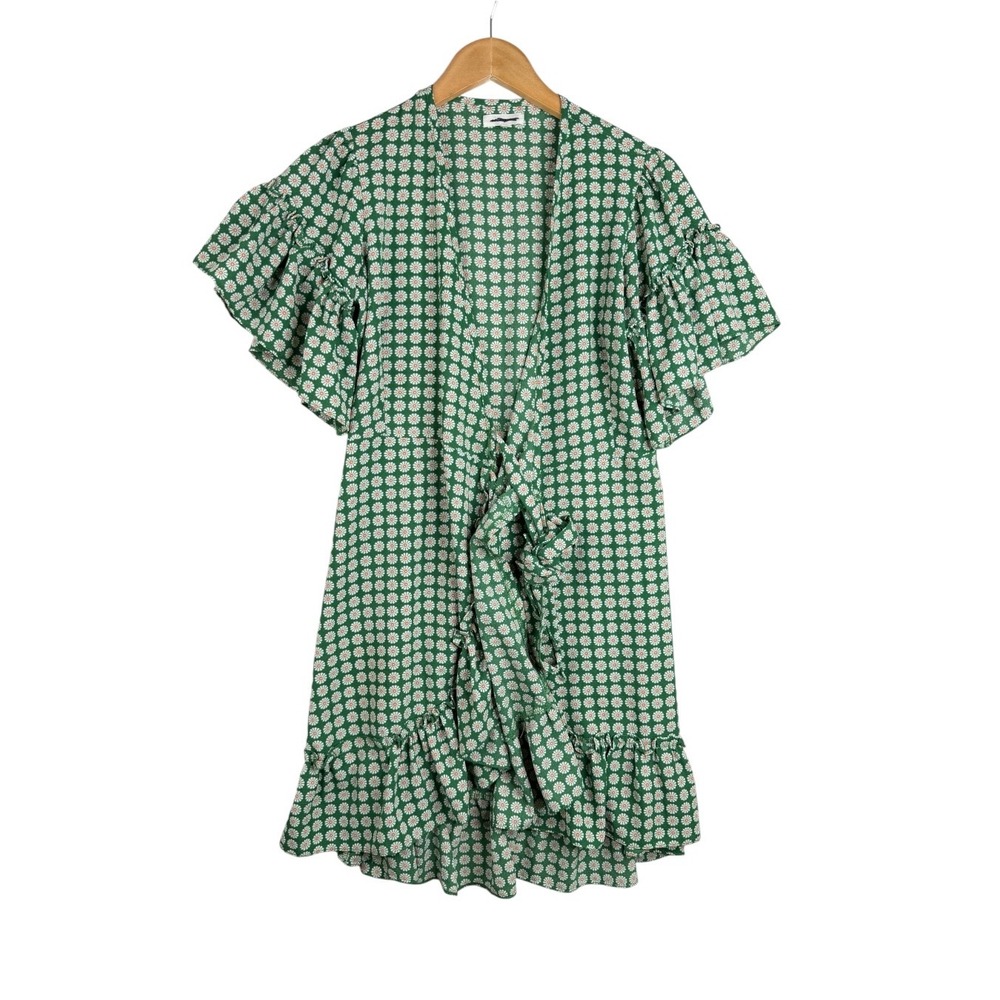 Max Studio Floral Print Flutter Sleeve Wrap Mini Dress size XS Green/White